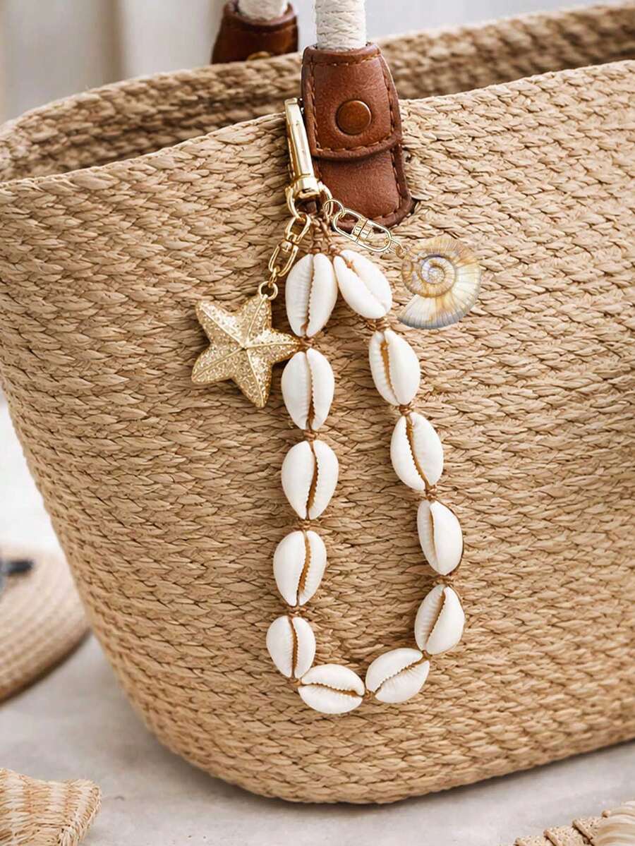 Bohemian Style Shell Keychain Phone Charm, Starfish Bag Pendant, Creative Car Keychain Pendant, Bohemian Style Natural Conch Shell Bag Pendant Keychain, Handmade Woven Summer Beach Accessory Suitable For Handbags, Shopping Bags, Backpacks - Ocean Style Bohemian Style Women's Keychain, Perfect For Vacation, Seaside Style And Daily Use - Multicolor - View 1