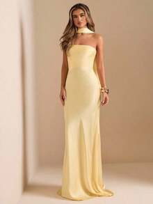 Vestido elegante sin tirantes y sin espalda con faja, vestido de gala formal de unicolor crema amarillo sexy para fiesta, cóctel, boda, cumpleaños, dama de honor - Amarillo claro - Ver 4