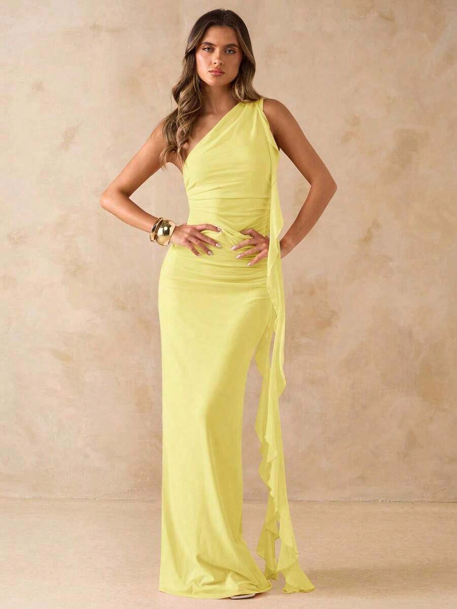 Vestido largo con volantes asimétricos, espalda descubierta y tela de malla, elegante vestido de playa para vacaciones, primavera/verano - Amarillo - Ver 1