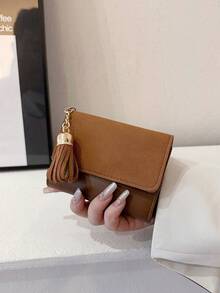 Cartera de mujer de satén mate corta con parches y colgante con borla, billetera plegable con múltiples ranuras para tarjetas - Marrón - Ver 2