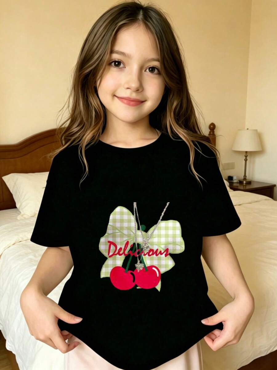 Delicious Cherry Pattern Printed T-Shirt For Kids - Black - View 1
