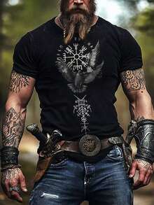 Camiseta Negra Estilo Vikingo con Diseño Intrincado de Cuervo y Runas Noruegas - Perfecta para Entusiastas de la Cultura Nórdica, Amantes de los Tatuajes y Moda Alternativa - Ajuste Slim, Material Cómodo y Transpirable, Ideal para Ocasiones Casuales y Festivales - Negro - Ver 1