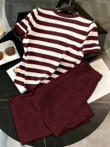 2 Piece Women's Casual Striped T-Shirt And Pants Set - 多色 4 - 查看 2