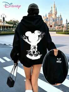 Disney Sketch Mickey Mouse Back‑Front Printed Hoodie With "Mickey" Slogan. A Relaxed, Casual, And Versatile Top, Perfect For Holiday Gifting. (Women's Autumn/Winter Clothing/Elegant Women's Outfits/Patterned Hoodies/Printed Tops/Casual Outfits For Disney‑Park Daily Wear) - Black - View 1
