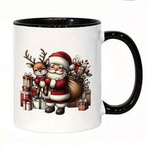[24-Hour Shipping Within Mexico] 11 Oz Thermal Coffee Mug With Santa And Reindeer Design, Comes With A Red And White Plaid Gift Bag And A Reindeer-Themed Handle, Suitable As A Gift For Hot Drinks On Thanksgiving, Valentine's Day, New Year's And Birthdays, Ideal For Office And Home Use, With Christmas Decorations. - 1 - 查看 1