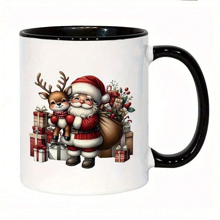 [24-Hour Shipping Within Mexico] 11 Oz Thermal Coffee Mug With Santa And Reindeer Design, Comes With A Red And White Plaid Gift Bag And A Reindeer-Themed Handle, Suitable As A Gift For Hot Drinks On Thanksgiving, Valentine's Day, New Year's And Birthdays, Ideal For Office And Home Use, With Christmas Decorations. - 1 - 查看 1