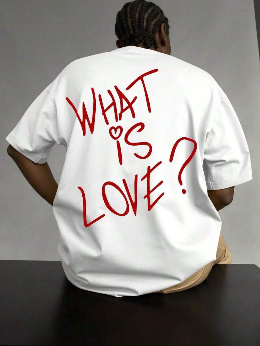 Manfinity Love Manifesto Letter Print Summer Short Sleeve T-Shirt For Men, 100% Pure Cotton, 200 Gram Weight, Outdoor Sweatshirt For Men, Black, Shoulder, Oversized, Loose Fit, Lightweight And Breathable, Beach, Holiday, Relaxed, Leisure, Couple Clothing For Men And Women - 白色 - 查看 1