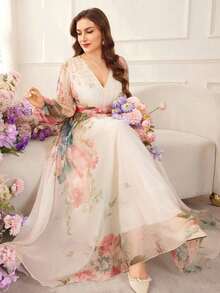 Vestido de línea A con cintura ceñida y estampado floral para mujer de talla grande - Multicolor - Ver 4