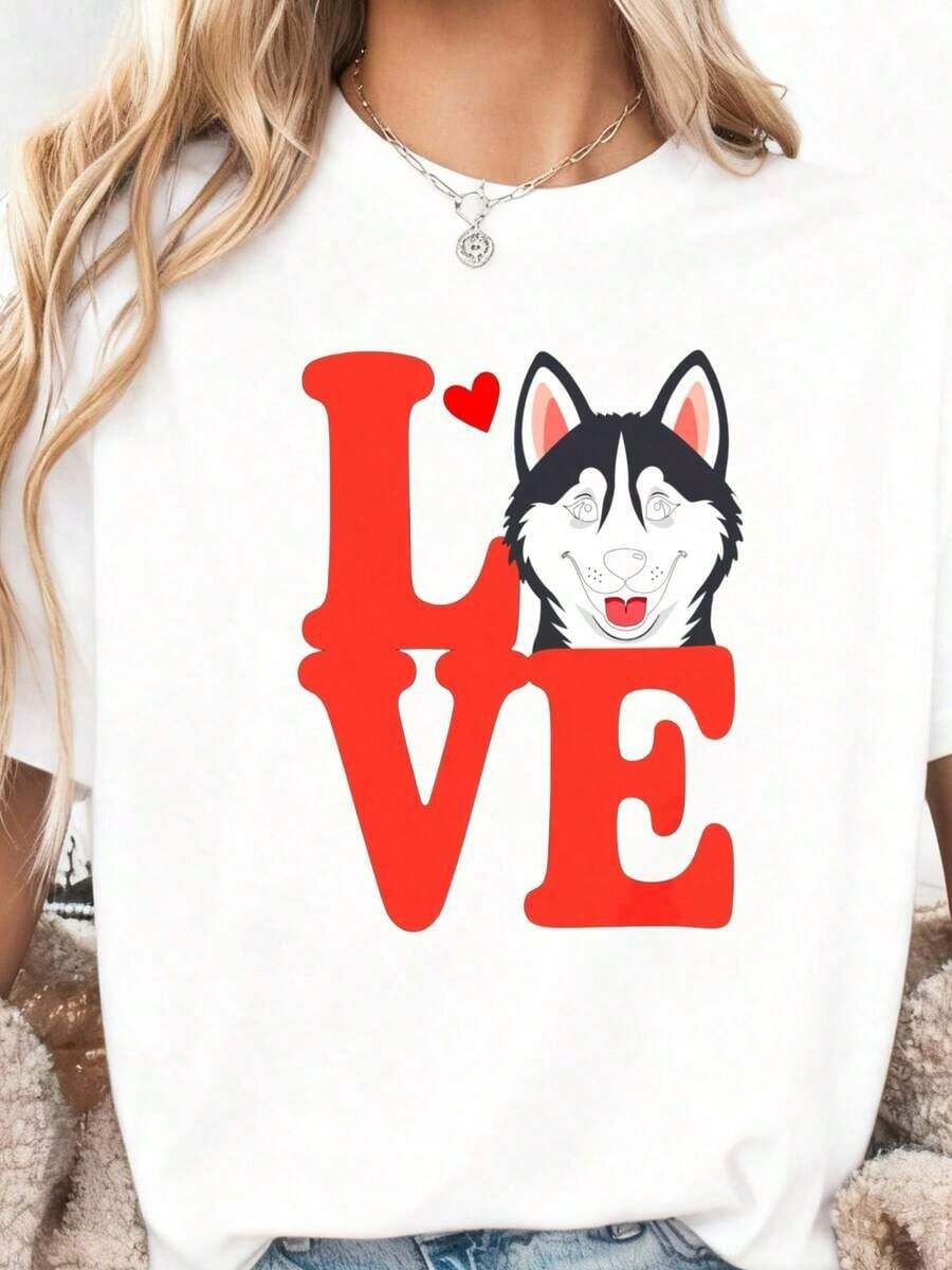 I Love Huskies, Husky Dog T-Shirt, Gift For Husky Lovers, Dog Lover T-Shirt, Siberian Husky T-Shirt, Cute Husky T-Shirt, Dog Owner T-Shirt, 100% Cotton - 白色 - 查看 1
