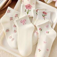 5 Pairs Floral & Butterfly Print Short Socks - White & Pink Ribbed Elastic Breathable Casual Socks For Spring/Summer, Machine Washable, Fashionable Design, Comfortable For Girls - Multicolor - View 5
