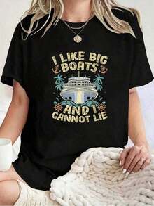 Fashion 1 Piece 100% Cotton Unisex - Retro Style T-Shirt "I Like Big Boats And I Can't Lie" - Women's Short Sleeve Crew Neck Graphic Tees, Women's Tops 230gg 100% Cotton Women's Simple Solid Color T-Shirt, Loose And Slim Fit Casual Short Sleeve - 黑色 - 查看 6