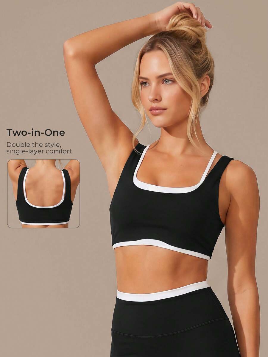 Women's Double Layer Colorblock 2 In 1 Backless Sports Bra, Shock-Absorbing Fitness Yoga Tank Top