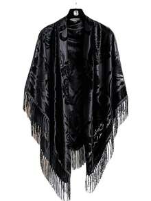 1 chiếc khăn vuông lớn họa tiết hoa hồng cổ điển thanh lịch, chất liệu jacquard mềm mại, thời trang nữ, đa năng, có tua rua, phù hợp cho dã ngoại, kỳ nghỉ, chụp ảnh - phụ kiện không thể thiếu. - màu đen - Xem 2