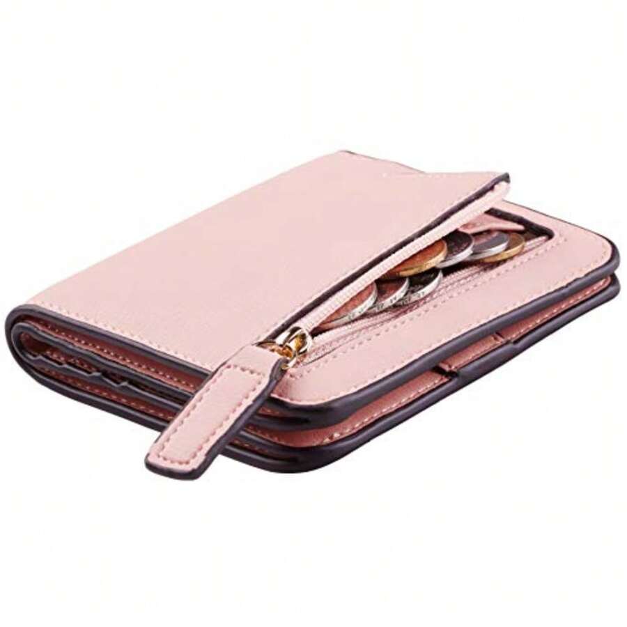 Toughergun Women's Small Slim Leather Wallet With RFID Protection, Compact Bifold Mini Purse With Clear ID Window - 淺粉紅色 - 查看 1