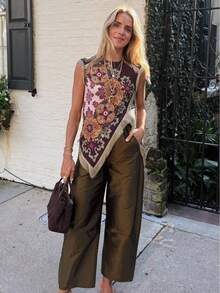 Women Vintage Floral Tassel Top Irregular Hem Cross Design Short Sleeve Zipper Shirt Casual Chinese Style Daily Outfit - Multicolor - View 5