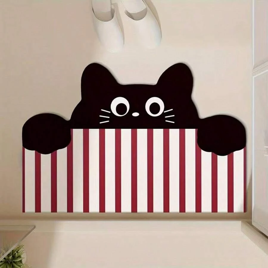 1件可爱猫咪红色条纹吸水除藻泥垫，创意3D印花地毯，优雅时尚，易于清洁，适用于浴室、厨房、玄关，可机洗