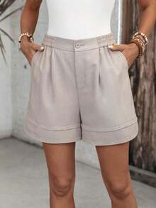 Pantalones cortos sólidos casuales y holgados con bolsillos, pantalones cortos cómodos, pantalones cortos casuales, pantalones cortos para todos los días, pantalones cortos para mujer, pantalones cortos de cintura alta, pantalones cortos plisados, pantalones cortos para mujer, pantalones cortos cómodos de longitud media para mujer - Caqui - Ver 5