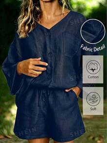 Conjunto de 2 piezas de camisa y shorts de unicolor para mujer - Azul marino - Ver 3
