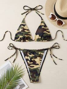 Summer Women's Sexy Vintage Camouflage Print Swimsuit Set, Suitable For Beach Vacation, Adjustable Drawstring Tie Design - Camouflage - View 2