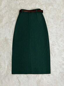 XH24 Women's Corduroy Skirt With Pockets And Slit, With Belt, In Khaki And Leopard Print - 綠色 - 查看 2