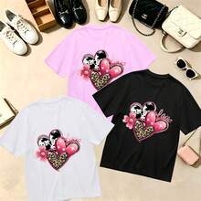 Choose One Of The Three Sets Women's T-Shirt Kawaii Heart Leopard Print 100% Cotton Oversized Soft Breathable Casual Crewneck Short Sleeve Top Retro Y2K Aesthetic Summer Vibes - 黑色 - 查看 9
