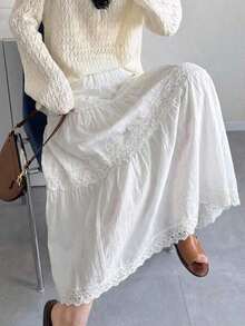 Flared Skirt With Contrasting Lace For Women - White 3 - View 4