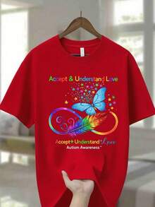 Camiseta unisex de cuello redondo en azul marino, hecha de 100% algodón y con un peso de 220 g, con un diseño vibrante para la concientización sobre el autismo que dice 'Acepta y entiende el amor' con mariposas multicoloridas y plumas de arcoíris. - Rojo - Ver 6