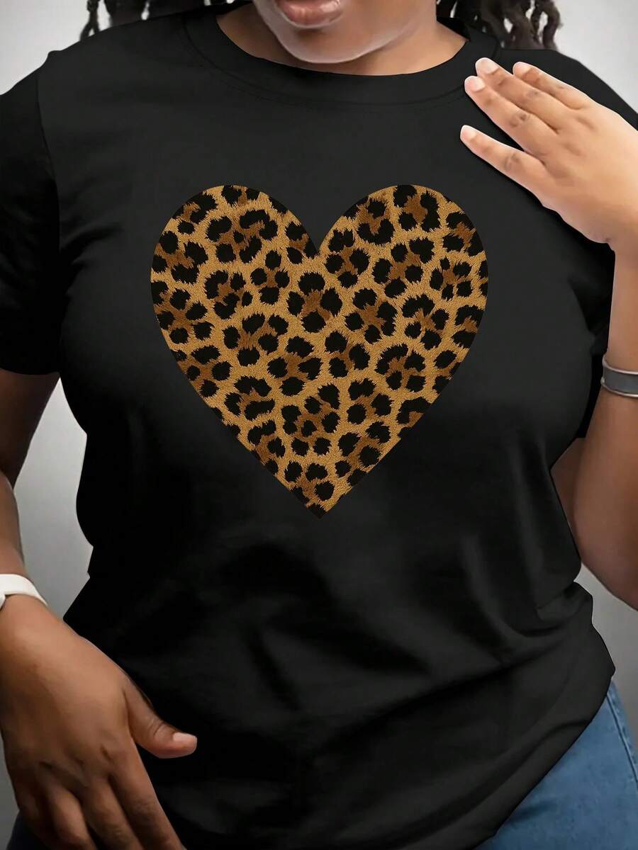 Women's Leopard And Heart Print T-Shirt: A Casual Short-Sleeved T-Shirt With A Round Neck, Featuring A Gold Design, Machine Washable For All Seasons, Stylish And Versatile, Made Of Comfortable Fabric, Essential For Fashion Lovers. - 黑色 - 查看 1