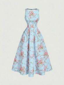 MOD Vestido con estampado floral romántico, espalda abierta y lazo - Azul - Ver 4
