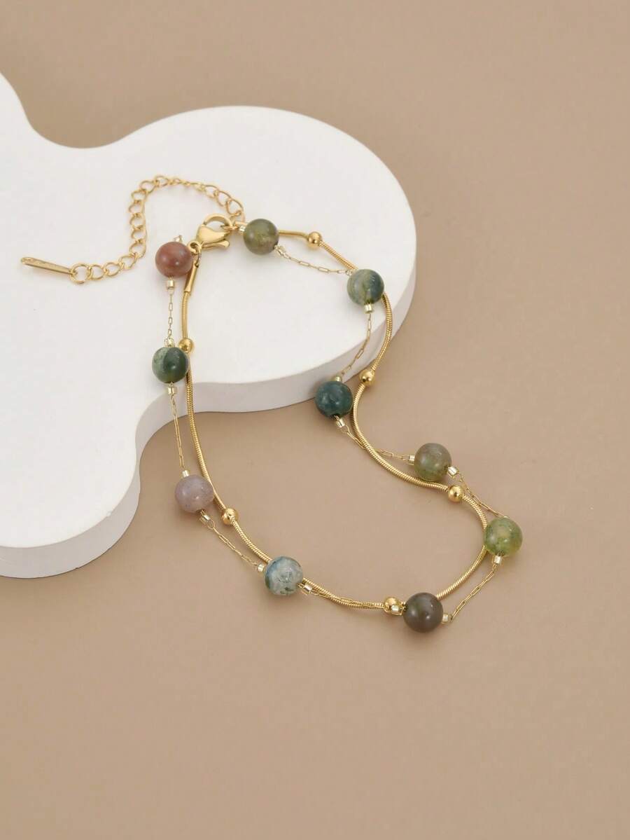 1 pieza Tobillera/Pulsera de acero inoxidable de doble capa con perlas de moda, joyería dorada, joyería de verano para mujer, accesorio, joyería occidental, accesorio de playa para mujer, regalo, regalo de cumpleaños - Amarillo Oro - Ver 1