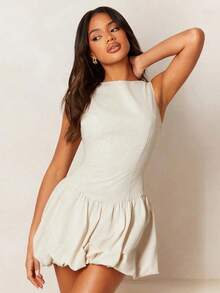Vestido mini de mujer elegante de unicolor, sin mangas, con bajo globo de lino - Albaricoque - Ver 6