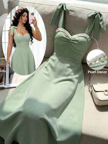 Vestido de tirantes con nudo en el hombro, decoración de perlas falsas y cintura ceñida, estilo vintage elegante, adecuado para verano, San Valentín, citas, vestido formal de alta calidad para mujer, vestidos elegantes clásicos - verde menta - Ver 9