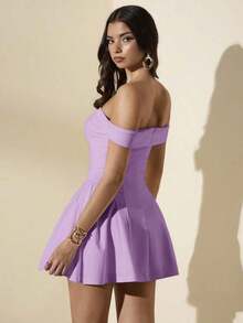 Vestido elegante de mujer de hombros descubiertos, blanco sólido con volantes en línea A, adecuado para volver a la escuela, cumpleaños, fiesta, verano - Púrpura malva - Ver 2