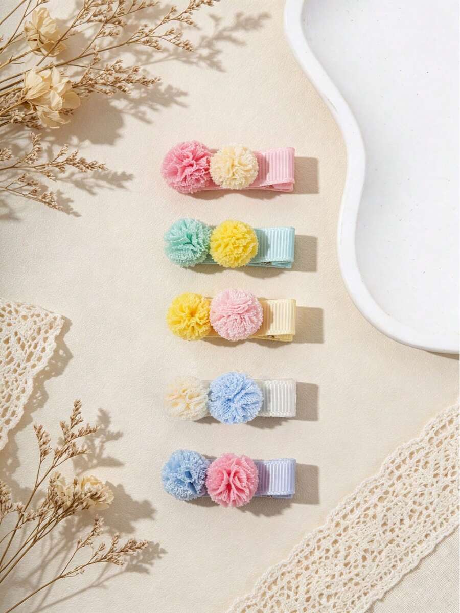5pcs Candy Color Mini Pom Pom Princess Hair Clips, Exquisite Sweet Full-Coverage Hair Clips, Fashion Side Clips, Bangs Clips - Mixed color - View 1