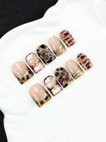 10pcs Handmade Detachable Reusable Non-Damaging Y2K Style Sweet Cool Girl Tortoise Shell And 3D Flower Artificial Nails, With Tool Set, Perfect For Daily Wear, Parties And Vacations, Great Gift For Women - Multicolor - View 2