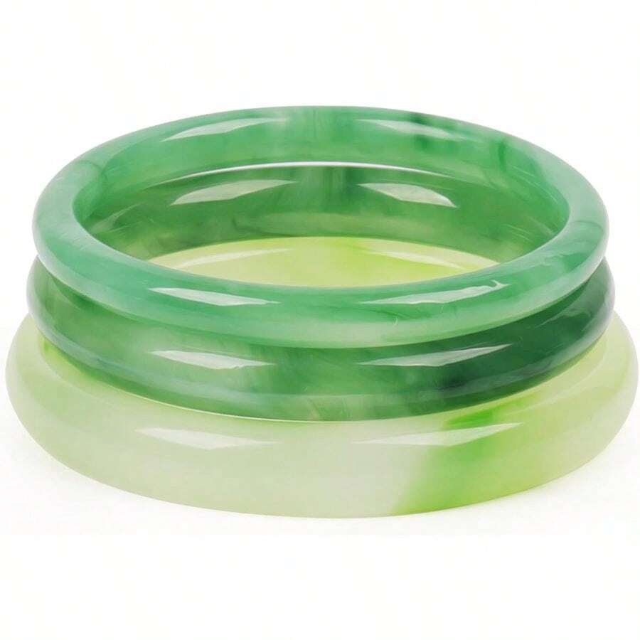 3 Pcs Natural Jade Bangle Bracelet For Women, Good Luck Bangle Wealth Healing Bracelet For Mother Grandmother, Christmas Birthday - 淺綠色 - 查看 1