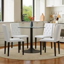 Table And Chair Set. This Minimalist And Modern Glass Table Set, 85 Cm In Diameter, Includes A Table And Four Chairs – Polyurethane Dining Chairs With Tufted Backs. A Subtly Luxurious Choice For Your Dining Room. - White - View 7