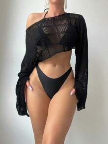CZJ Cover-Up Cropped Top With Dropped Shoulders - 黑色 - 查看 5