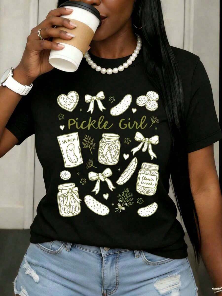 Pickle Girl Women's T-Shirt, White, Cotton, With Graphic Design Of Pickle Jar, Snacks And Bow, Casual Summer Top For Everyday Wear - 黑色 - 查看 1