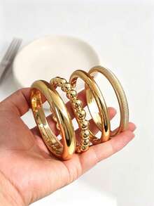 4pcs Ball Bead Textured Bangle Bracelets, Suitable For Party, Banquet, Travel, Wedding, Holiday, Daily Wear, Jewelry Gift - Gold - View 1
