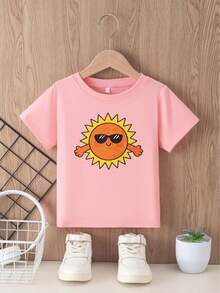 Lightweight Children's Short-Sleeved T-Shirt With A Sun And Sunglasses Print. Ideal For Home Use, Summer Wear, And Playtime, And Easy To Care For. - 紅色 - 查看 3