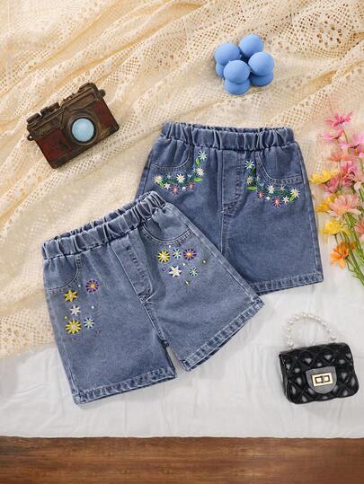 2pcs/Set Summer Floral Embroidered Denim Shorts, Vacation Casual Streetwear Bottoms For Young Girls