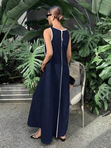 Vestido largo suelto sin mangas de unicolor para mujer, vestidos extra largos con paneles de colores contrastantes - Negro - Ver 8