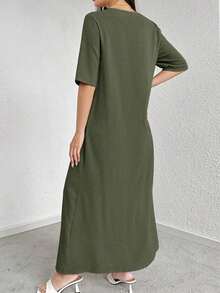 Vestido casual de fiesta con cuello redondo y plisado de unicolor, adecuado para el verano - Verde militar - Ver 6