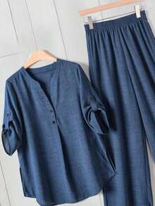 Camisa y pantalones de tela vaquera informal - Azul marino - Ver 5