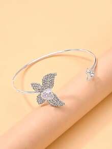 1pc European And American Fashion Rhinestone Petal Micro-Inlaid Zirconia Heart Bracelet, Personalized Design Cuff Bracelet Jewelry For Daily Wear And Party - Silver - View 4