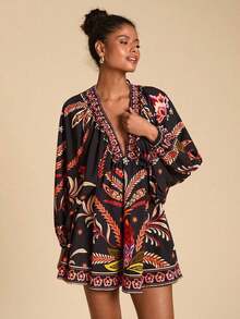 Vestido de gasa con cuello en V y manga larga con estampado floral para mujer, adecuado para vacaciones, estilo de vacaciones, estampado gráfico tejido, atuendos casuales de verano para vacaciones, atuendos de vacaciones en la playa bohemia, ropa bohemia chic, atuendos de festivales de vacaciones, atuendos de playa para mujer, atuendos de verano para mujer, atuendo de graduación, atuendos de cumpleaños para mujer, artículos esenciales de playa, atuendo de aeropuerto para mujer, vestido de té, vestido de cumpleaños, vestido de verano, verano europeo, ropa bohemia para mujer, vestido elegante para mujer - Multicolor 3 - Ver 6