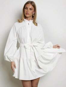 Vestido corto de mujer de manga farol de unicolor, vestido de princesa abombado, elegante para ocasiones - Blanco - Ver 6