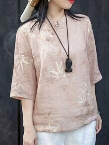 New Chinese Style Ombre Floral Pattern Loose Summer Shirt, Front Button, Lightweight & Breathable Pink - Pink - View 6