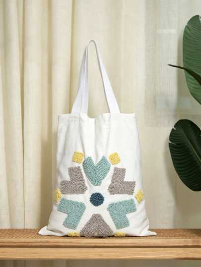 Geometric Pattern Plush One Shoulder Tote Bag, Geometric Heart Shoulder Bag, White Canvas Casual Handbag, Suitable For School, Shopping, Travel And Daily Use, Multi-Functional Storage Cloth Bag, Large Capacity Cloth Bag